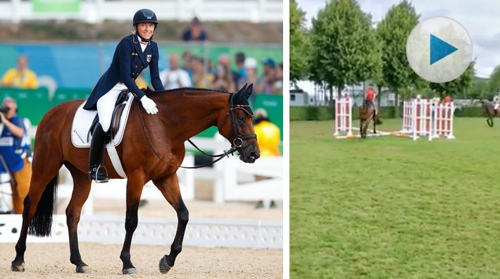 Ingrid Klimke och Hale Bob OLD vann fälttävlan på hemmaplan i Aachen. Inför dressyrtestet red hon fram över kavaletti och utan stigbyglar.