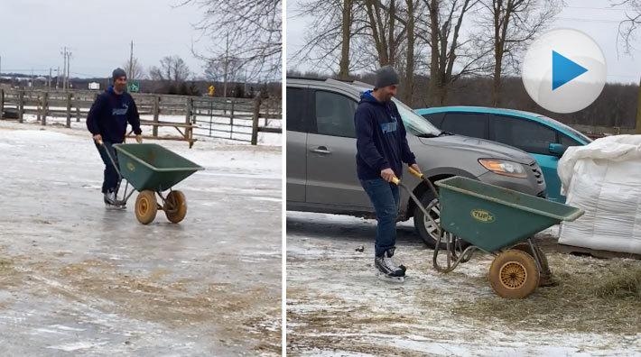 Greg Dubiel har hittat lösningen på våra halkproblem. I stället för att gå med osäkra steg över stallplanen tog han helt enkelt på sig skridskorna.