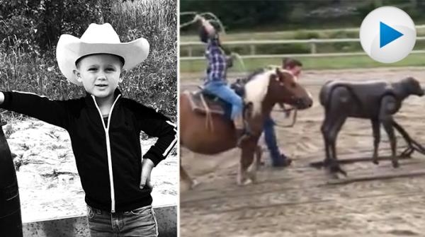 Charlie, 4 år, tränar roping inför höstens första tävling