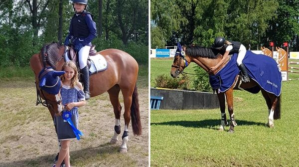 Till vänster tillsammans med lillasyster Tilda, till höger efter ena segern i 1,10.