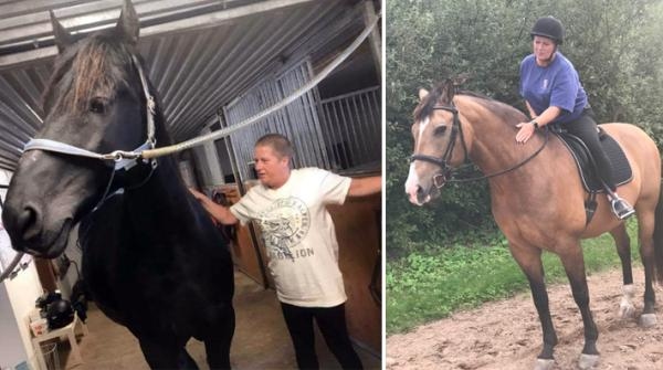 Till vänster håller Åsa hårt i boxgallret för att inte tappa balansen när hon ryktar. Till höger rider hon igen på DiLeva.