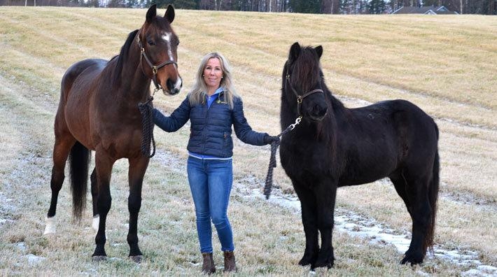 Ulrika med travhästen Ashbury Park, som hon tränar åt Thomas Lönn, och med sin SM-vinnare Nátthrafn frá Dallandi. I stallet finns även Ulrikas egen travare Valparaiso.