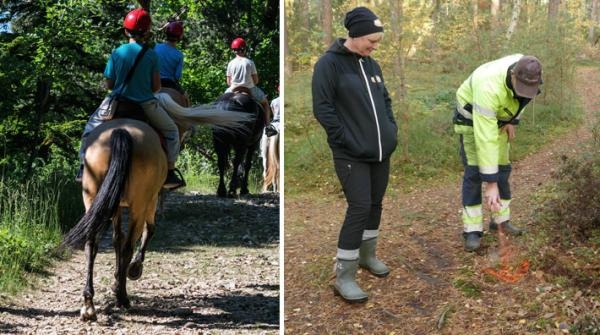 Lars Svensson från Farmartjänst Halland markerar upp riktning på ridleden. Ann-Sofie Nilsson känner till de flesta stigarna i reservatet och har varit till stor hjälp i framtagandet av lämplig ridslin...