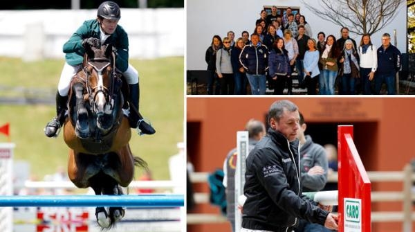 <i>Till vänster SWB-hingsten Cyklon 1083 som har exporterats till USA och där rids av Shane Sweetnam. Överst till höger kursdeltagarna, nederst Ludo Philippaerts. Foto: Tomas Holcbecher och Anahita Ar...