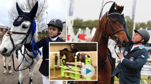 <i>Vänster: Rasmus med sin ponny Jess. Höger: Lunatic tackas av i Falsterbo. Mitten: Rasmus och "Luna".</i>