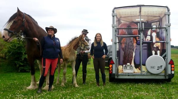 <i>Iris med Iona, Patrik med fölet Lucky Luke, fotografen Elin – och så transporten förstås.</i>