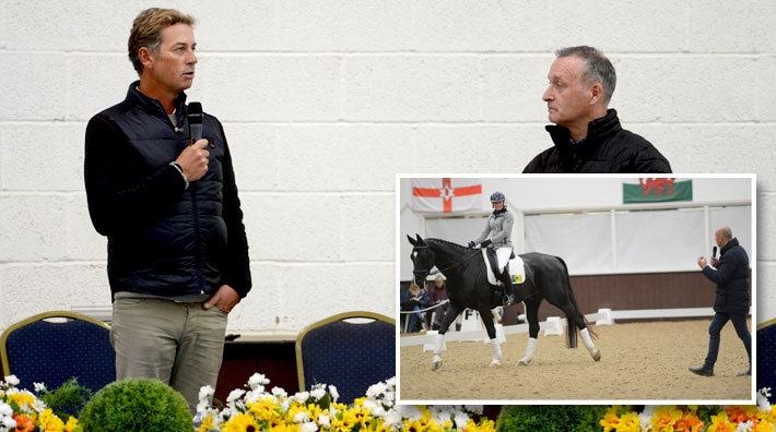 <i>Carl Hester och Richard Davison i samspråk. Infälld syns Michael Klimke undervisa på en av sina clinics.</i>